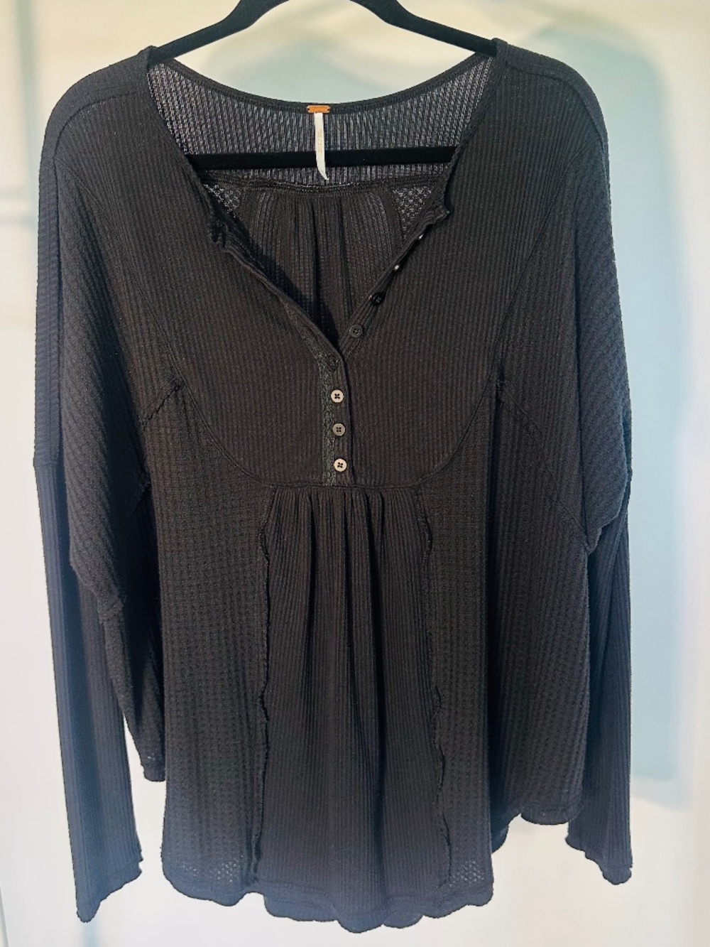 Free People We The Free Leo Waffle Knit Henley Top Black (M)